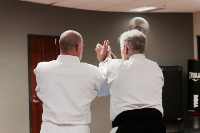 Behind image of Sensei Mike teaching aikido